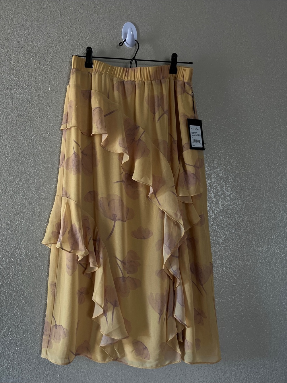 NWT Nicole Miller Yellow Floral Ruffle Midi Skirt with Pink Floral Print